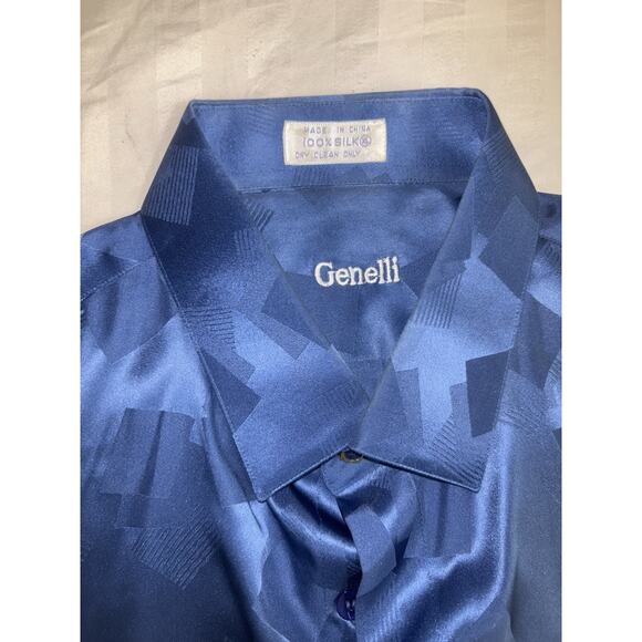 VINTAGE MENS GENELLI Blue TONE ON TONE SILK SHIRT NEHRU COLLAR XL - Picture 3 of 5